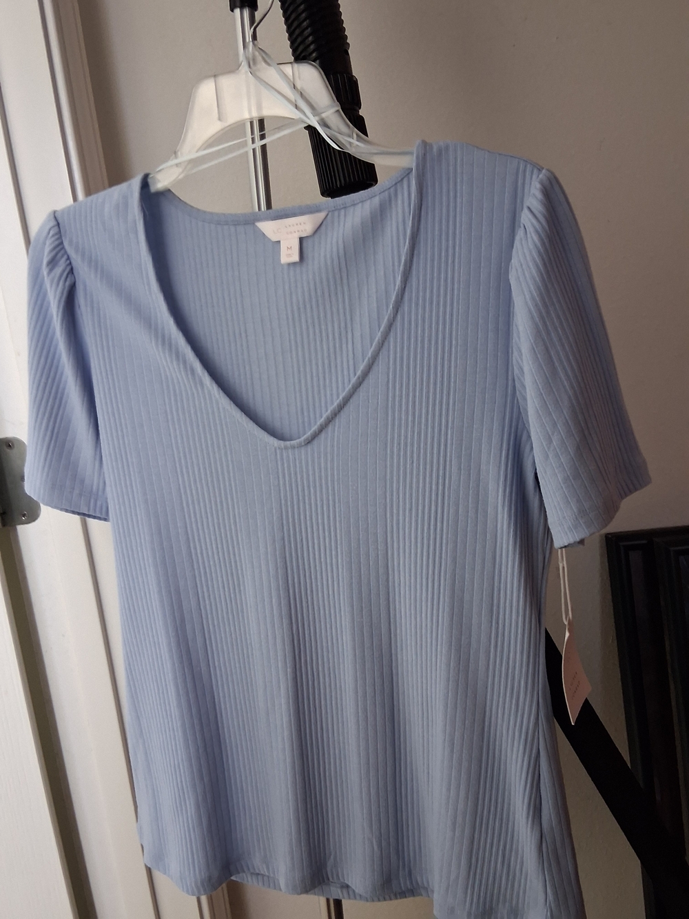 LC Lauren Conrad Light Blue Ribbed V-Neck Short Sleeve Top